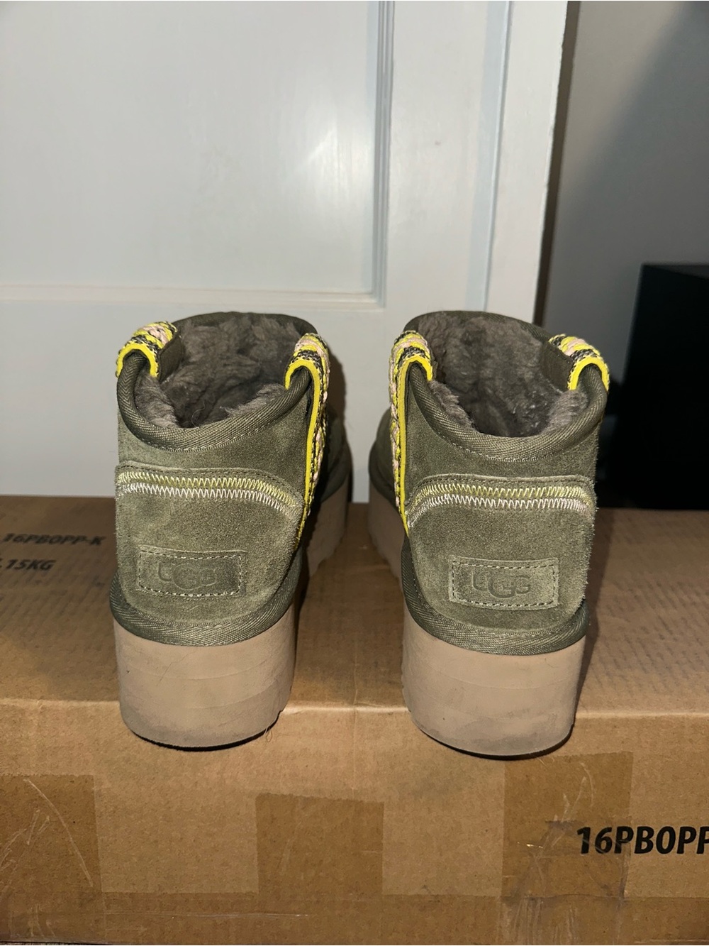 UGG PLATFORM Olive Green Suede Shearling-Lined Ankle Slippers with Yellow Accent